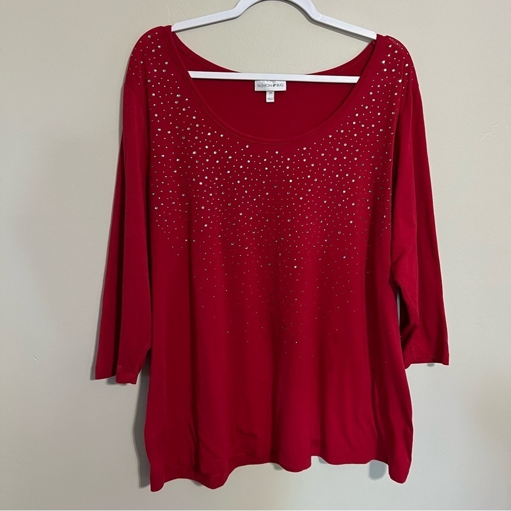 Fashion Bug Red Sequin 3/4 Sleeve Scoop Neck Top size 1X